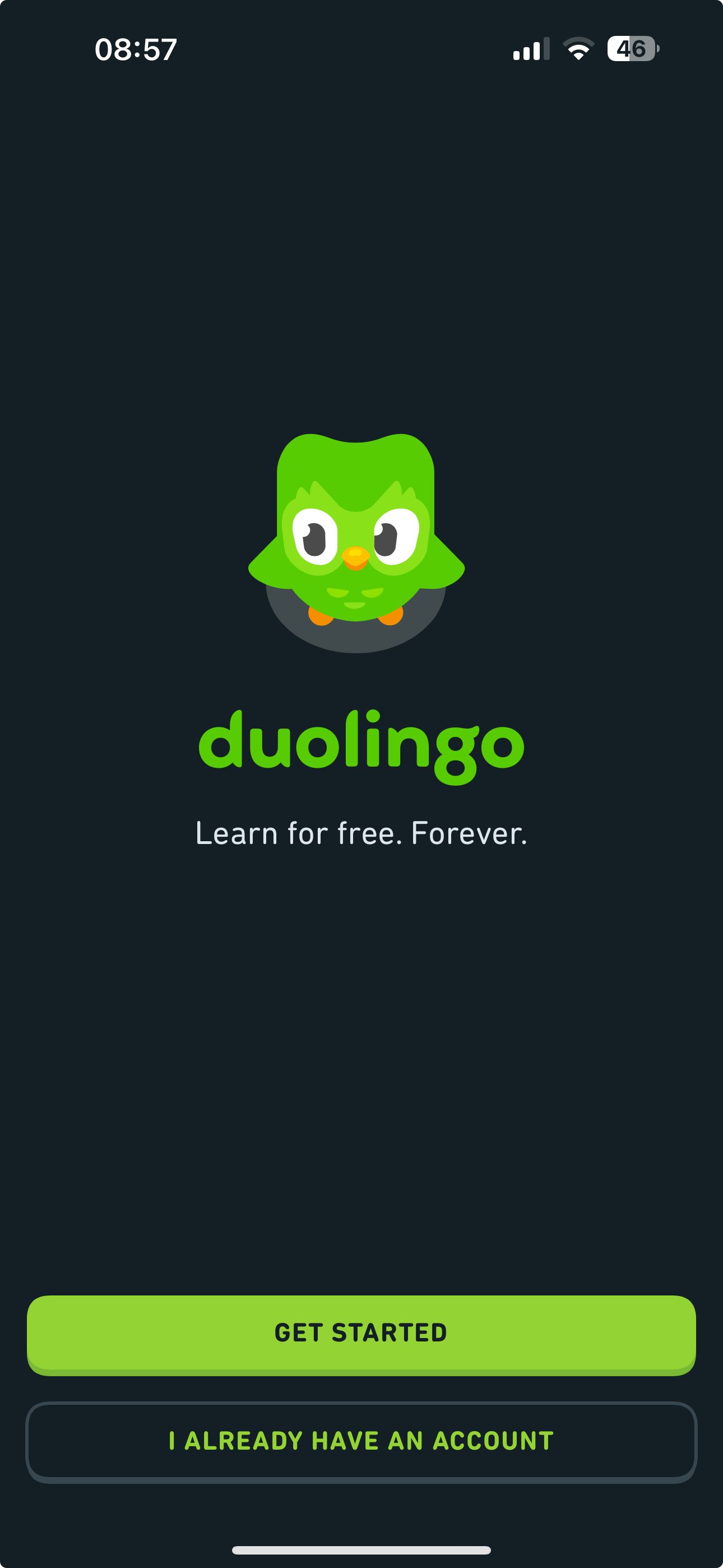 The screenshot of the login screen from the Duolingo app.